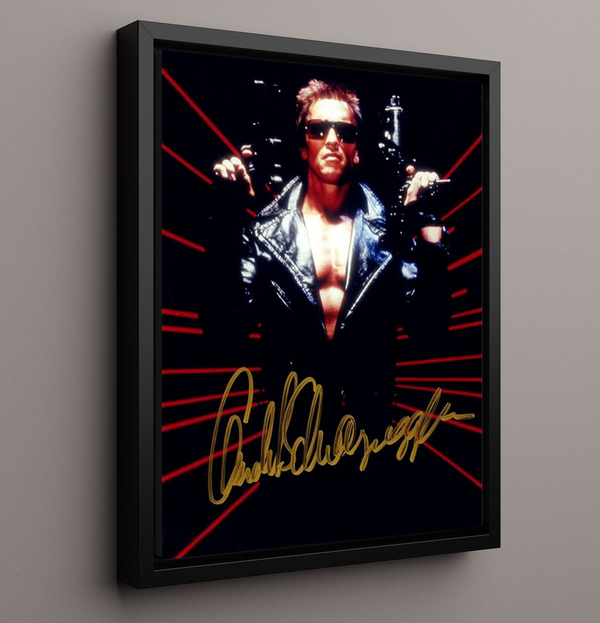 Terminator 2 - Arnold Schwarzenegger - T800 Leather Jacket Red Laser Background movie wall art 16x20 Framed Canvas