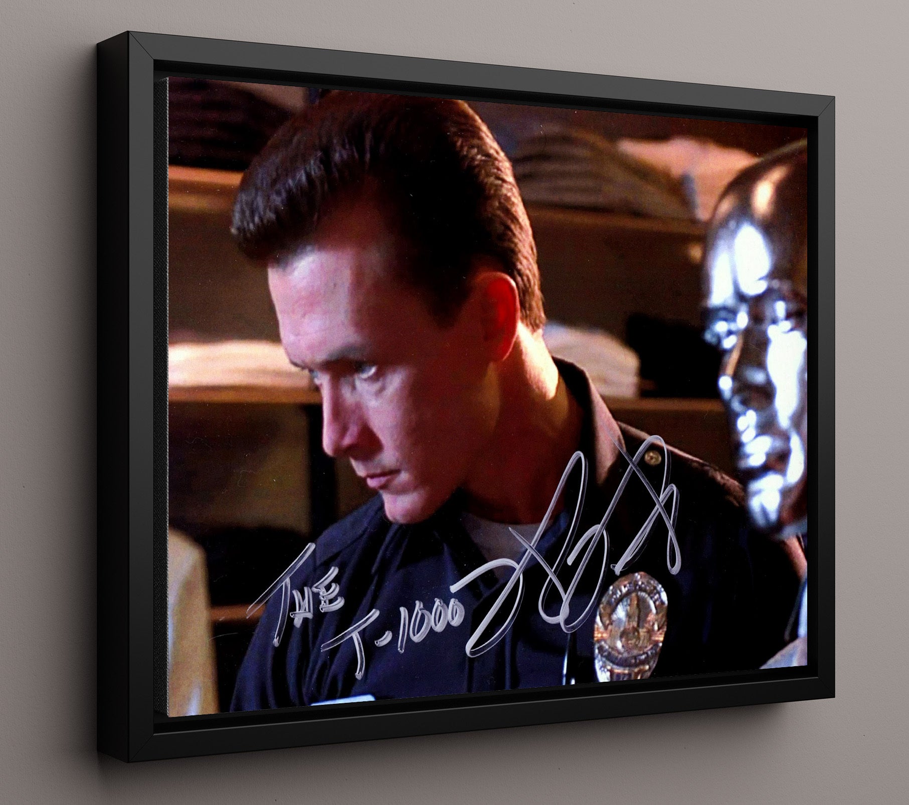 Terminator 2 - Robert Patrick - T-1000 - Cop Reflection Scene Vintage Movie Wall Art - 16x20 Framed Canvas movie decor