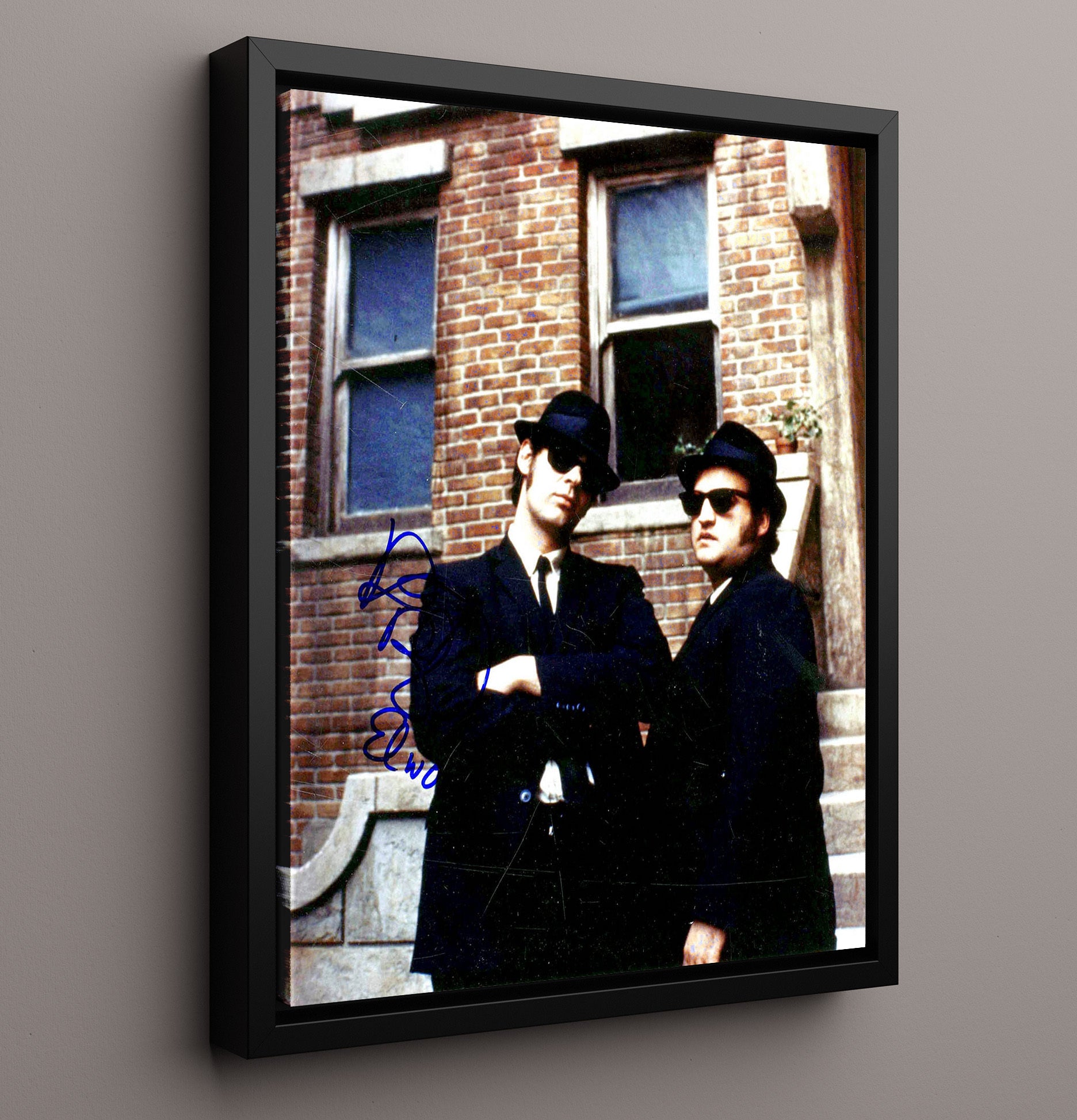 The Blues Brothers - Dan Aykroyd - Elwood Blues and John Belushi - Jake Blues - Brick Building Street Shot movie wall art 16x20 Framed Canvas