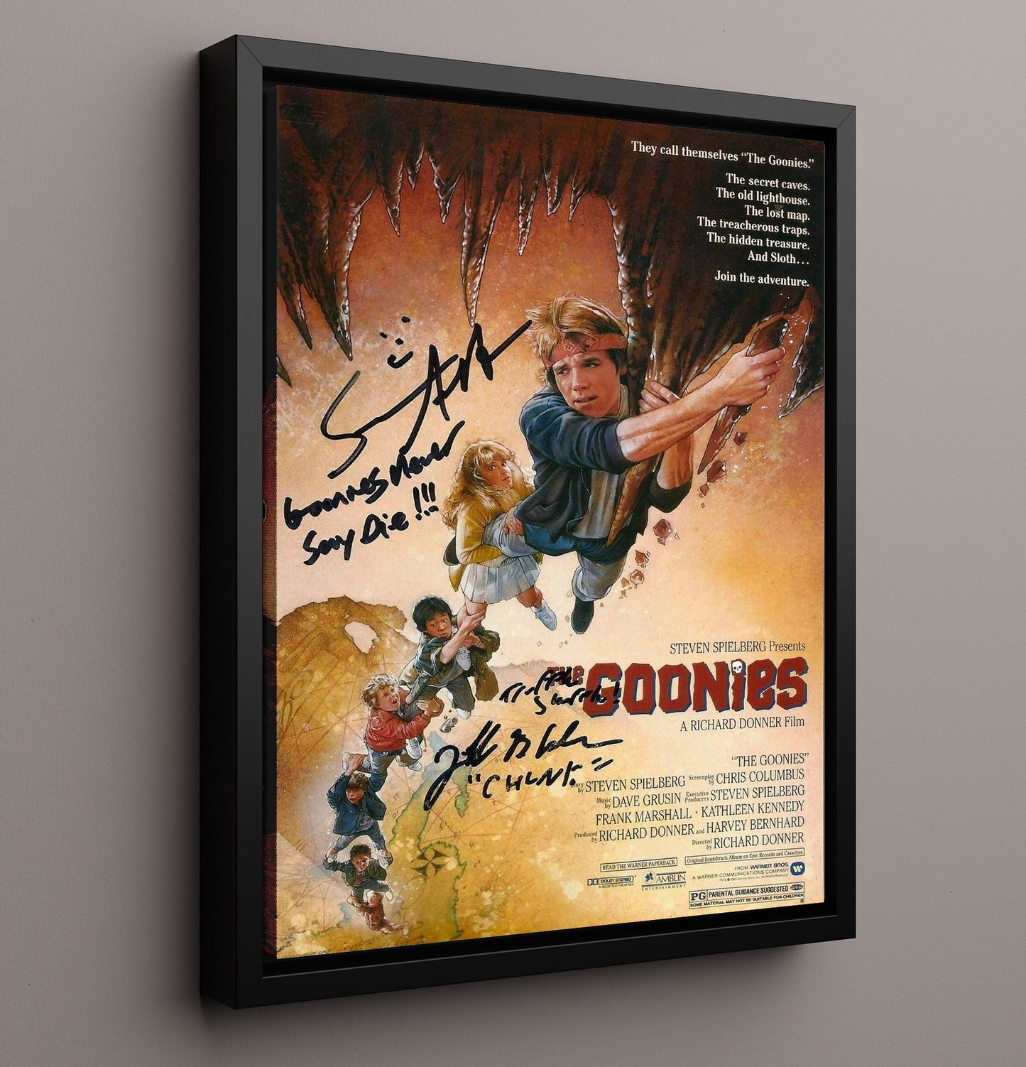 The Goonies - Sean Astin - MikeyJeff Cohen - ChunkCave Escape Climb Vintage Movie Wall Art - 16x20 Framed Canvas movie decor