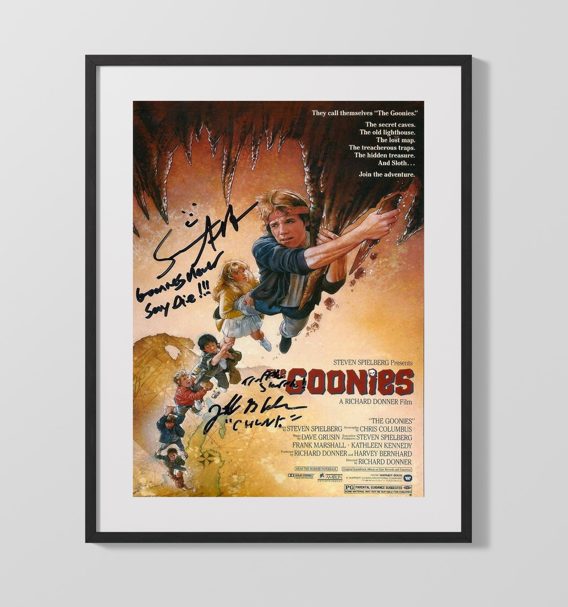 The Goonies - Sean Astin - MikeyJeff Cohen - ChunkCave Escape Climb Vintage Movie Wall Art - 16x20 Gallery Frame movie decor
