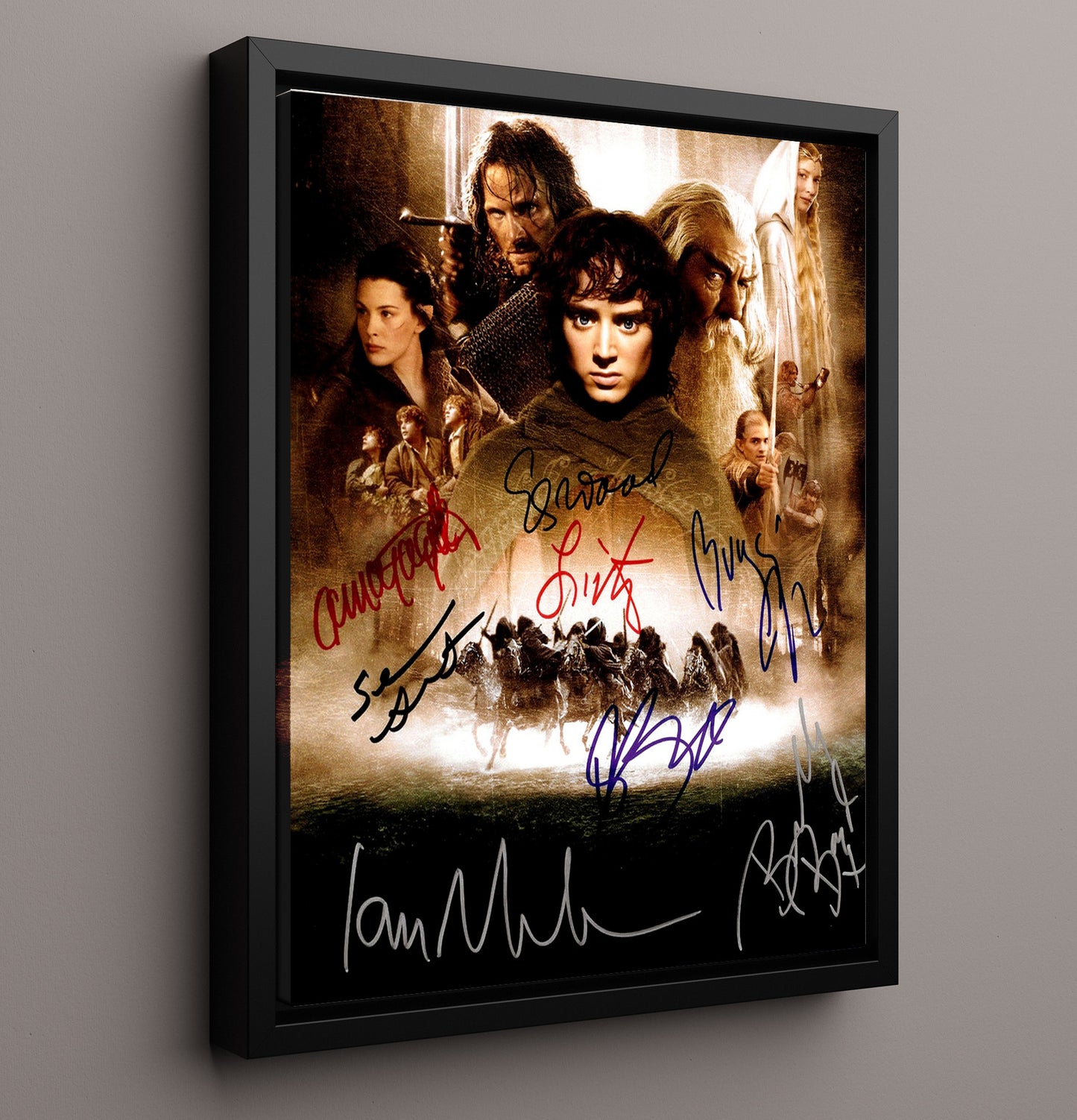 The Lord of the Rings - Fellowship Cast Epic Fantasy Poster Multi Signature Display Vintage Movie Wall Art - 16x20 Framed Canvas movie decor