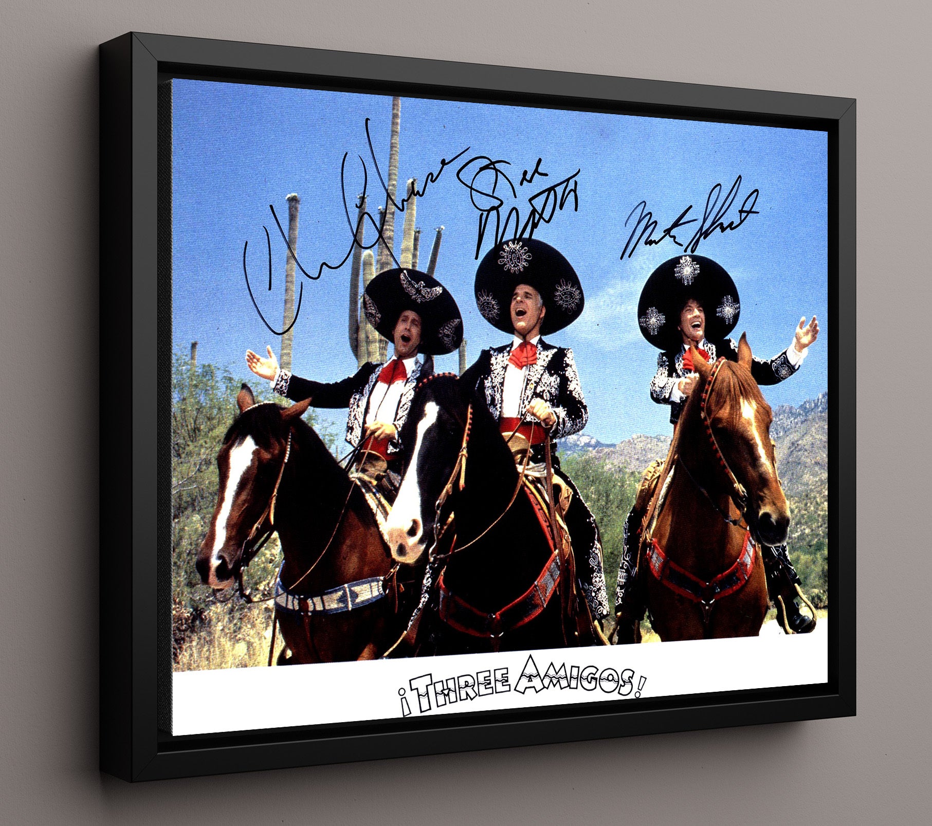 Three Amigos - Steve Martin and Chevy Chase and Martin Short Singing Ride Trio Vintage Movie Wall Art - 16x20 Framed Canvas movie decor