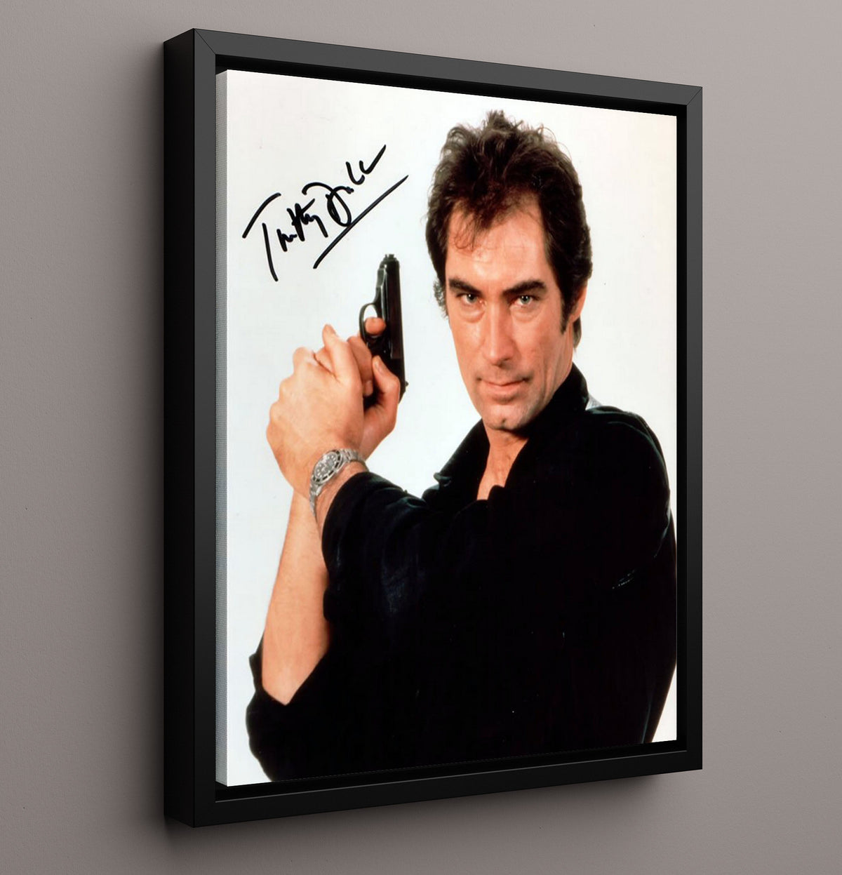 Timothy Dalton - James Bond Black Shirt Walther PPK Pose movie wall art 16x20 Framed Canvas