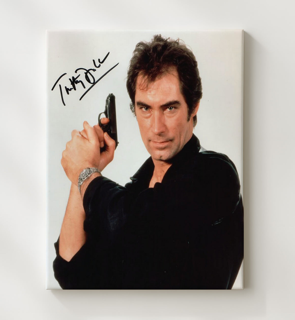 Timothy Dalton - James Bond Black Shirt Walther PPK Pose movie wall art 20x24 Canvas