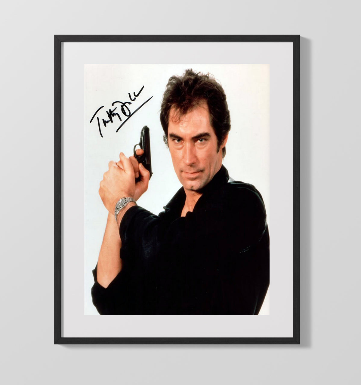 Timothy Dalton - James Bond Black Shirt Walther PPK Pose movie wall art 16x20 Gallery Frame
