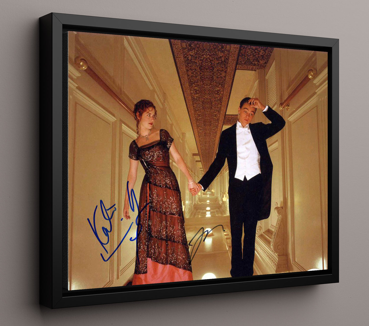 Titanic - Leonardo DiCaprio - Jack - and Kate Winslet - Rose - Grand Staircase Romance Vintage Movie Wall Art - 16x20 Framed Canvas movie decor