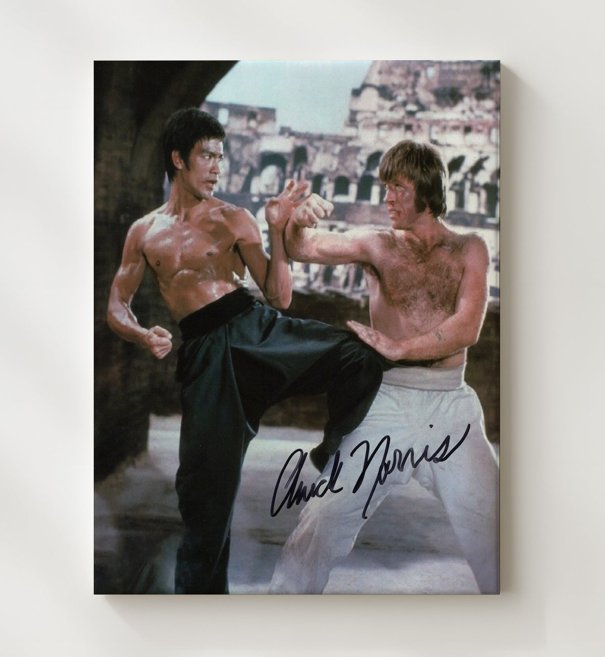 Way of the Dragon - Bruce Lee - Tang Lungand Chuck Norris - Colt - Colosseum Fight Standoff movie wall art 8x10 Beveled Frame