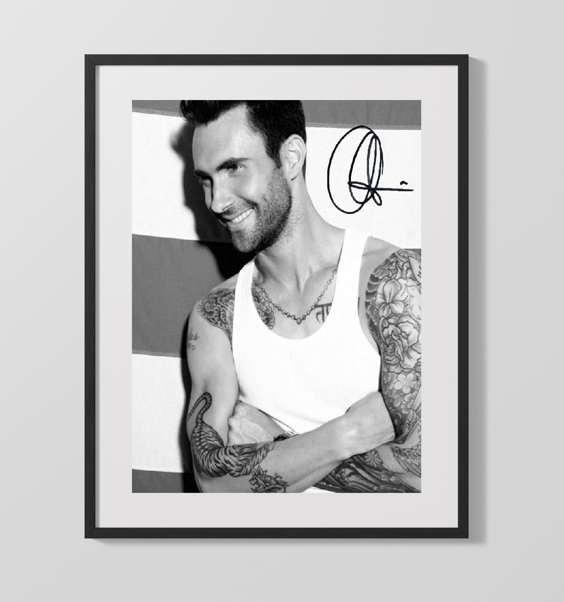 Adam Levine - Smiling Portrait With Tattoos Black and White - Vintage Music Wall Art - 16x20 Gallery Frame music decor
