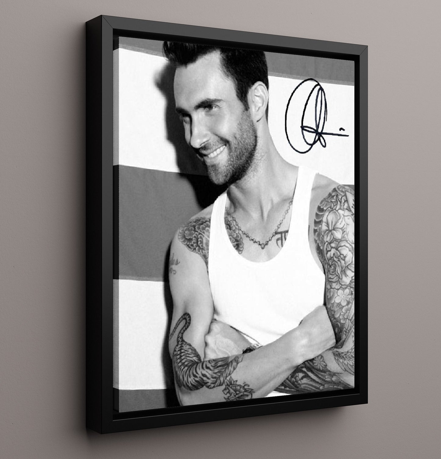 Adam Levine - Smiling Portrait with Tattoos Black and White Music Wall Art 16x20 Framed Canvas wall art print – Music decor