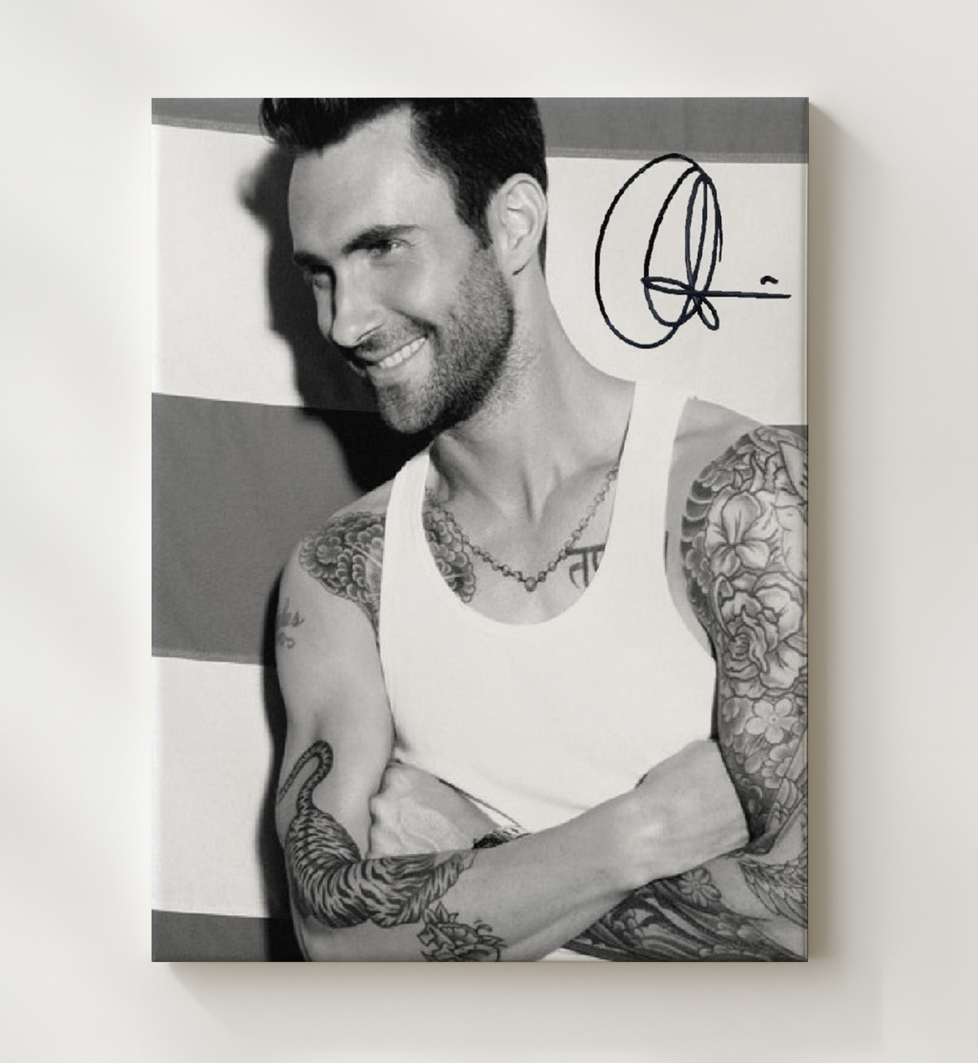 Adam Levine - Smiling Portrait With Tattoos Black and White - Vintage Music Wall Art - 20x24 Canvas music decor