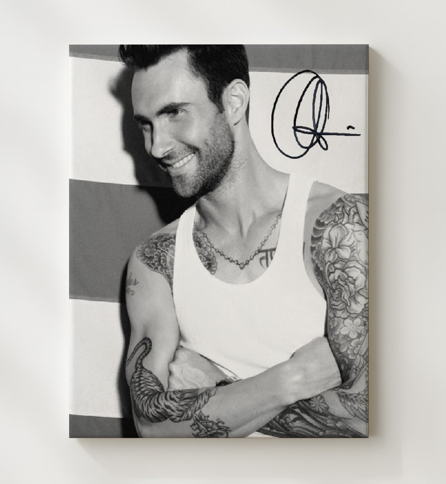 Adam Levine - Smiling Portrait with Tattoos Black and White Music Wall Art 20x24 Canvas wall art print – Music decor