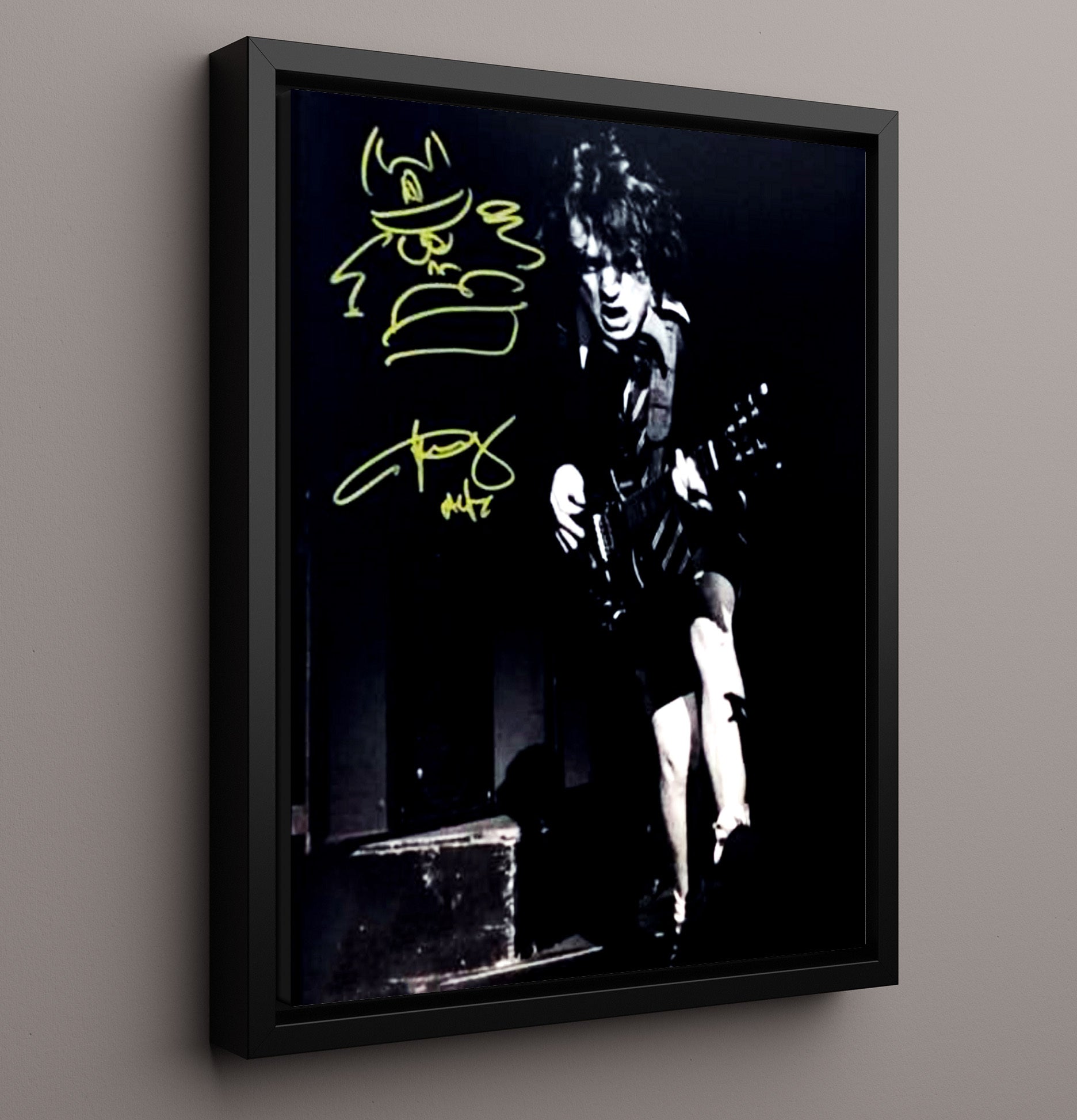 Angus Young - AC DC Live Guitar Performance Black and White - Portrait Copy Music Wall Art 16x20 Framed Canvas wall art print – Music decor