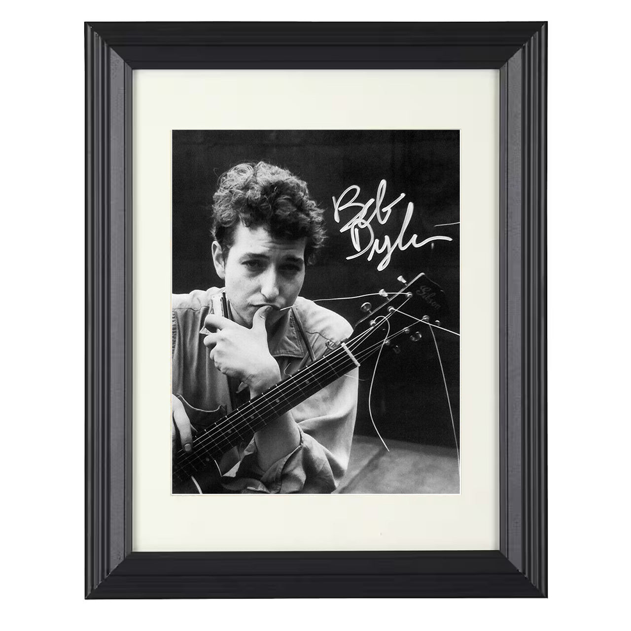 Bob Dylan – Monochrome Guitar Harmonica Image – 8x10 black beveled framed music wall art