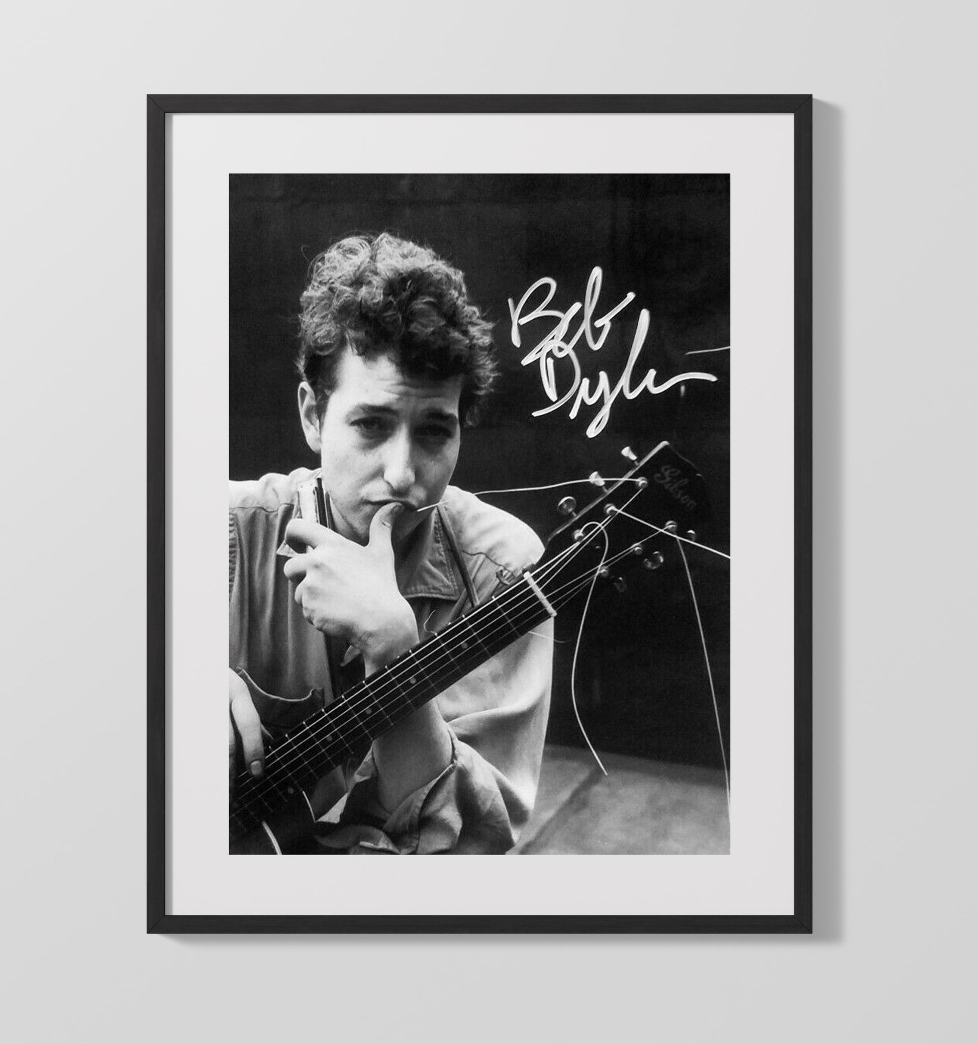 Bob Dylan - Black and White Guitar Harmonica Portrait - Vintage Music Wall Art - 16x20 Gallery Frame music decor