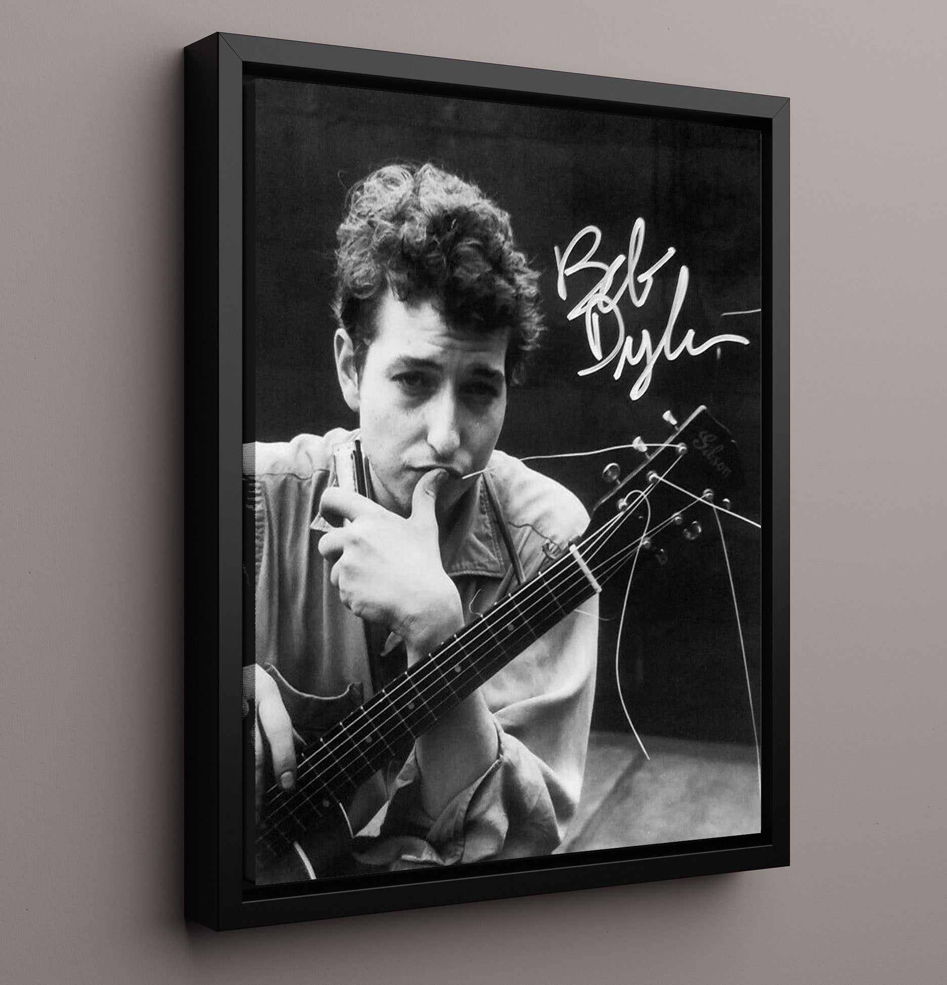 Bob Dylan - Black and White Guitar Harmonica Portrait Music Wall Art 16x20 Framed Canvas wall art print – Music decor