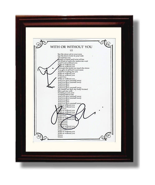 Bono - U2 with or Without You Lyrics Sheet Music Wall Art 8x10 Beveled Frame wall art print – Music decor