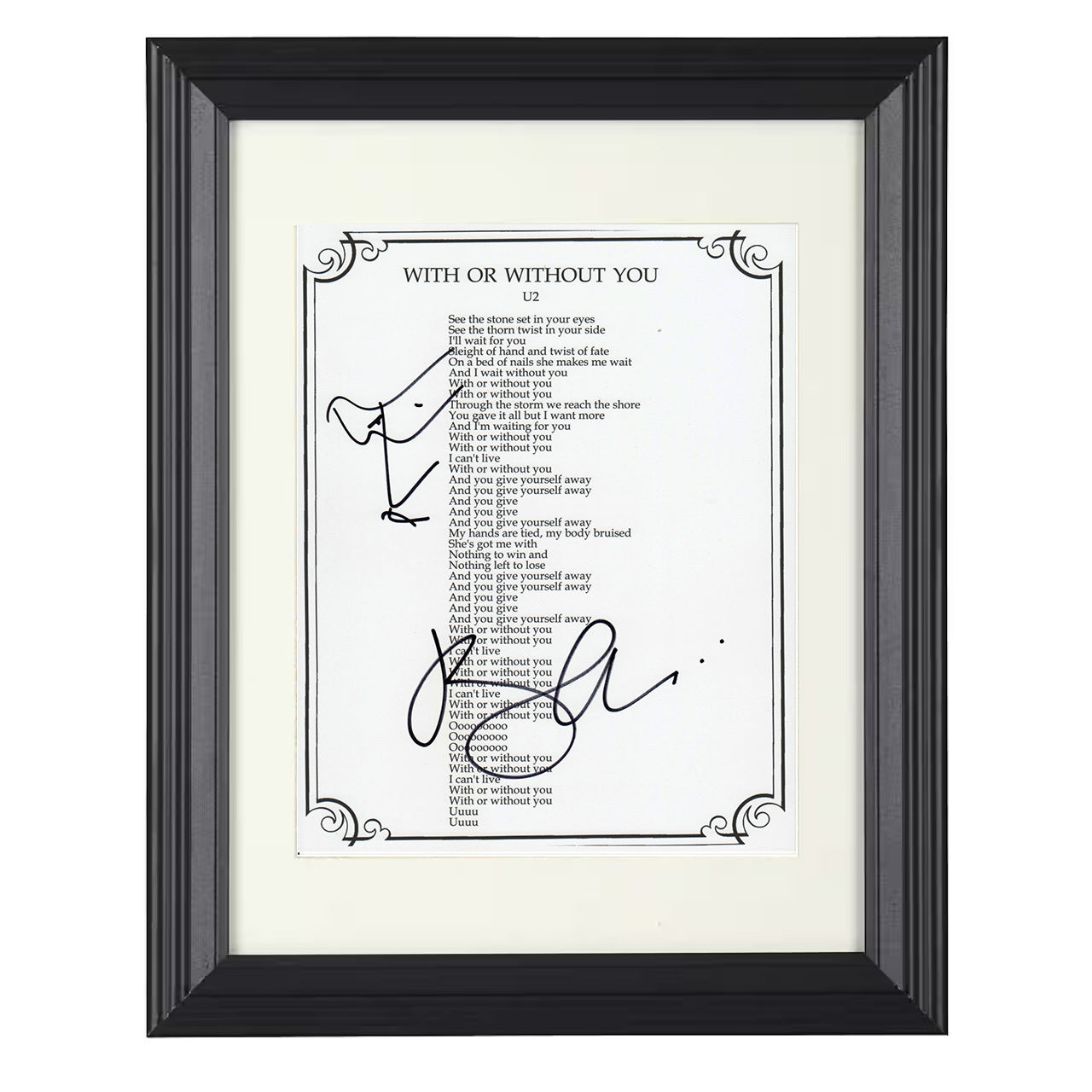 Bono – U2 with or Without You Lyrics Sheet – 8x10 black beveled framed music wall art