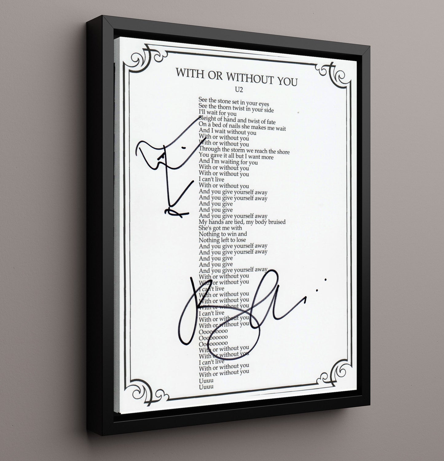 Bono - U2 with or Without You Lyrics Sheet Music Wall Art 16x20 Framed Canvas wall art print – Music decor