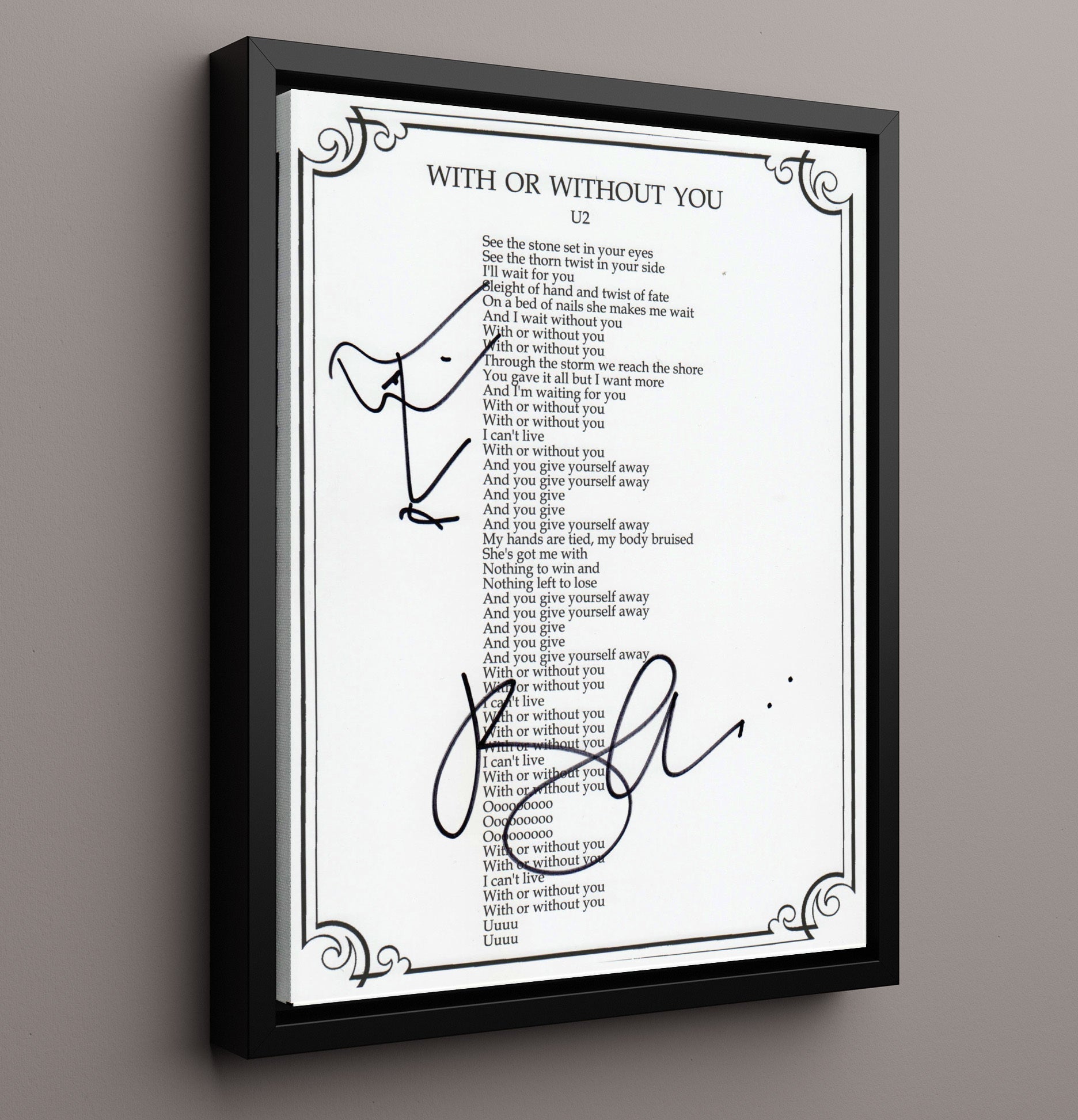 Bono - U2 with or Without You Lyrics Sheet Music Wall Art 16x20 Framed Canvas wall art print – Music decor