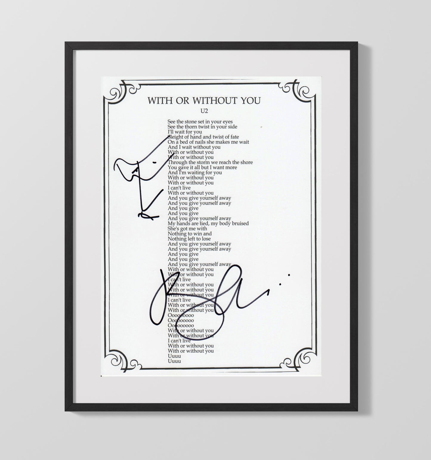 Bono - U2 With Or Without You Lyrics Sheet - Vintage Music Wall Art - 16x20 Gallery Frame music decor