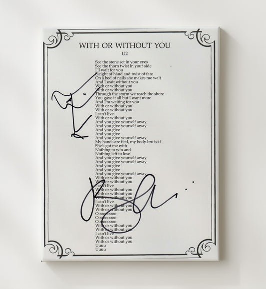 Bono - U2 With Or Without You Lyrics Sheet 16x20 Gallery Frame vintage music wall art
