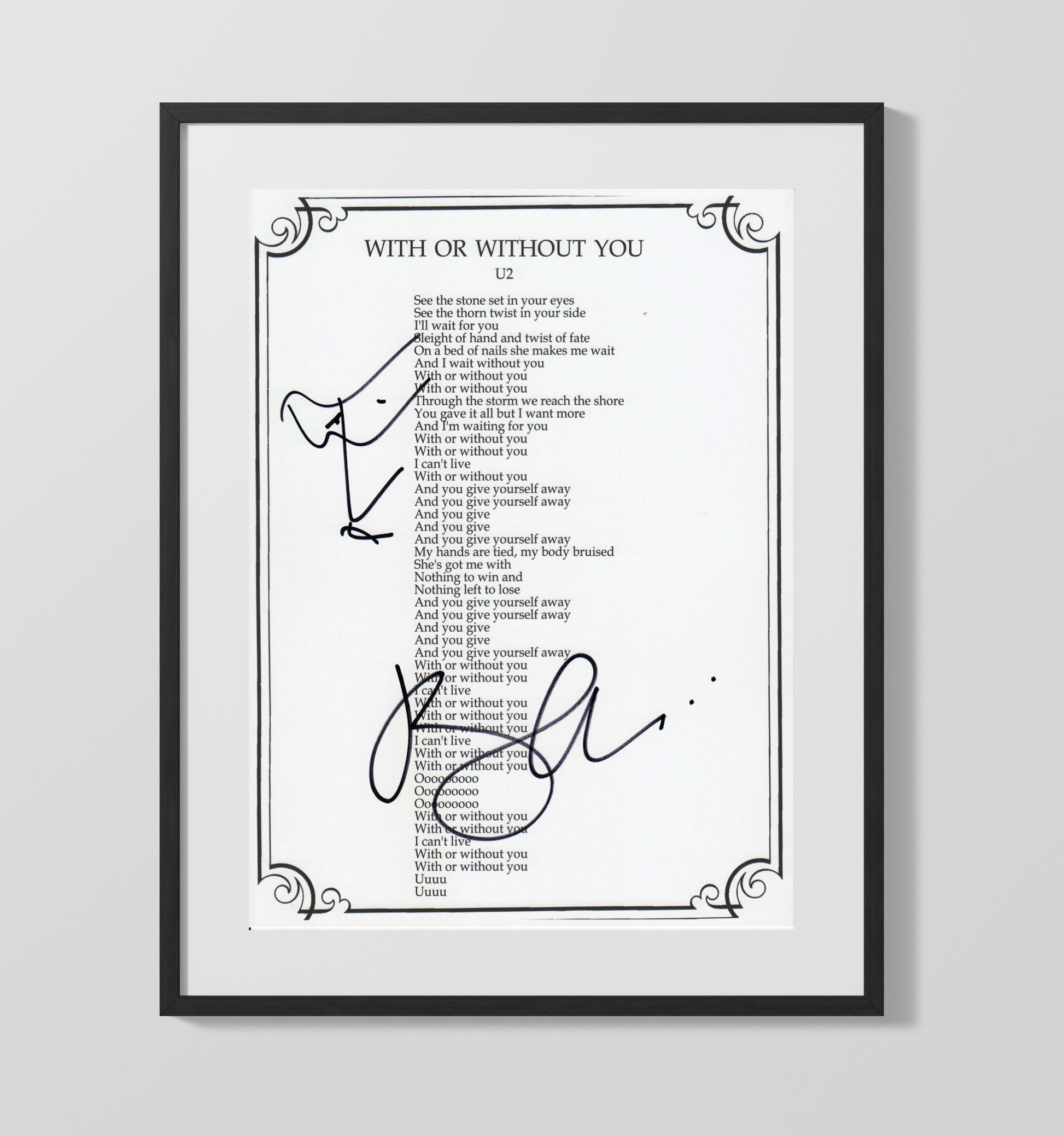 Bono - U2 with or Without You Lyrics Sheet Music Wall Art 16x20 Gallery Frame wall art print – Music decor
