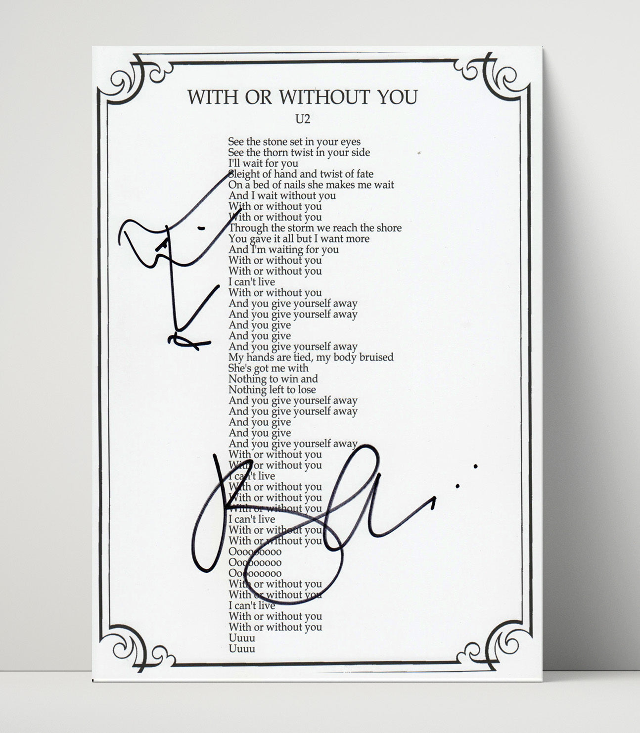 Bono - U2 With Or Without You Lyrics Sheet - Vintage Music Wall Art - 16x20 Unframed Print music decor