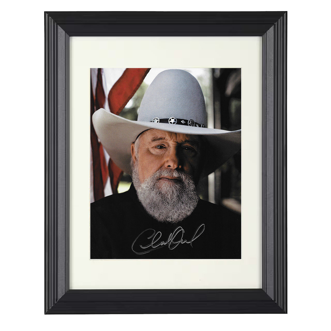 Charlie Daniels – Cowboy Hat American Flag Image – 8x10 black beveled framed music wall art