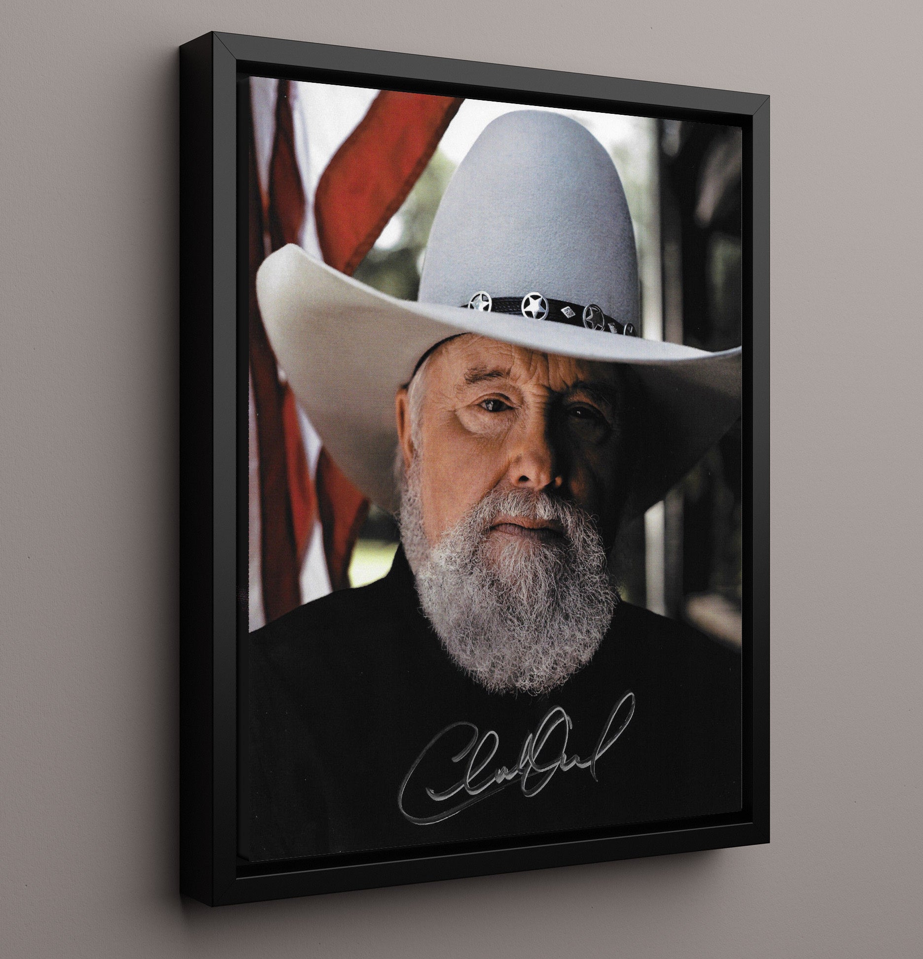 Charlie Daniels - Cowboy Hat American Flag Portrait Music Wall Art 16x20 Framed Canvas wall art print – Music decor