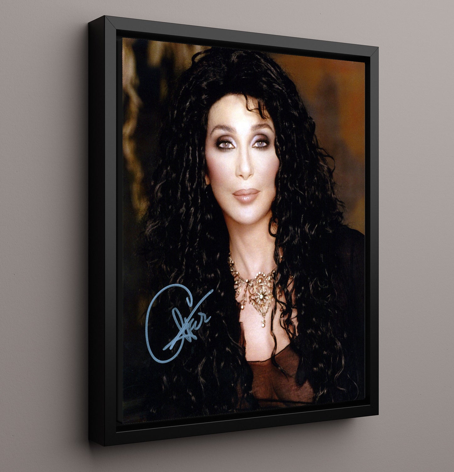 Cher - Studio Portrait with Black Hair and Gold Necklace Music Wall Art 16x20 Framed Canvas wall art print – Music decor