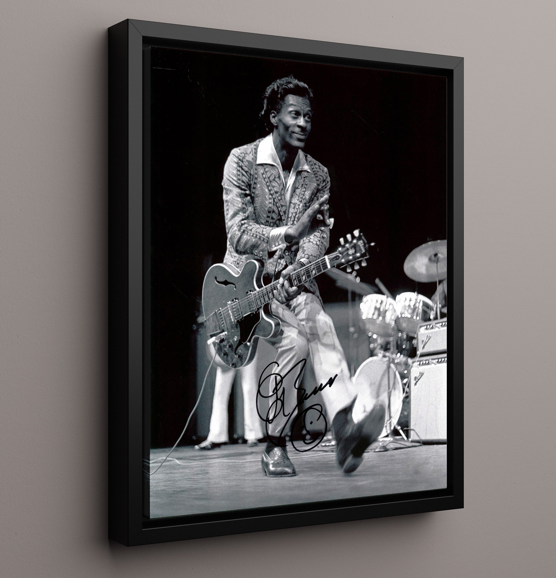 Chuck Berry - Guitar Stage Performance Duckwalk Era Music Wall Art 16x20 Framed Canvas wall art print – Music decor