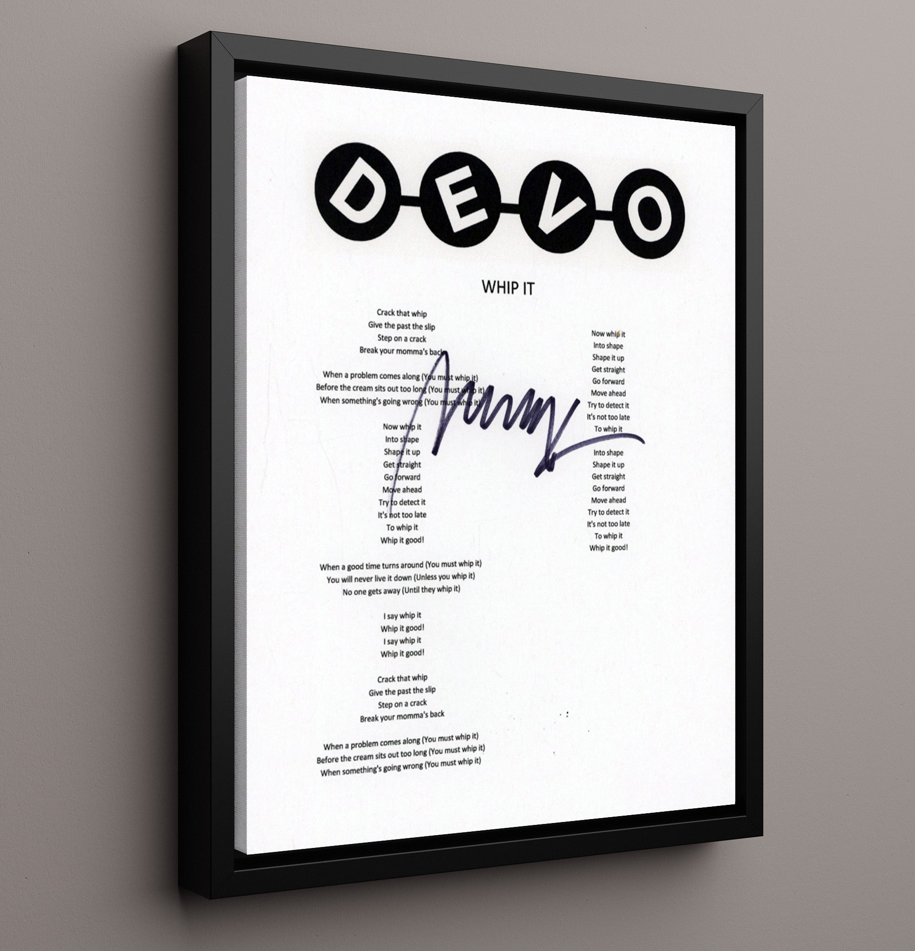 Devo - Whip It Lyrics Music Wall Art 16x20 Framed Canvas wall art print – Music decor