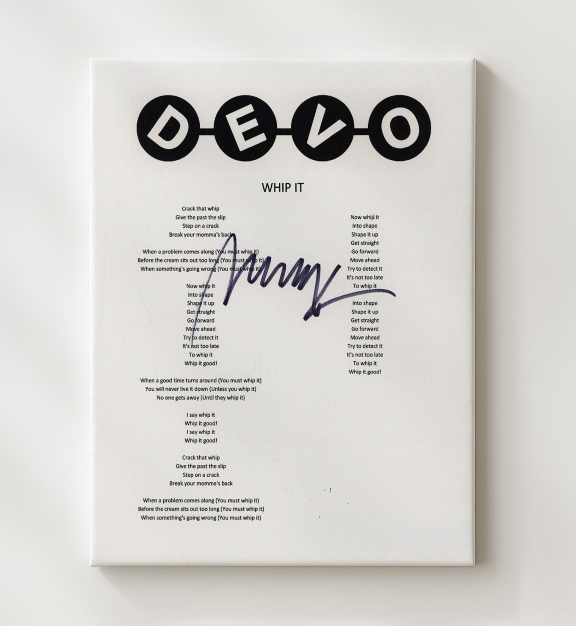 Devo - Whip It Lyrics Music Wall Art 20x24 Canvas wall art print – Music decor