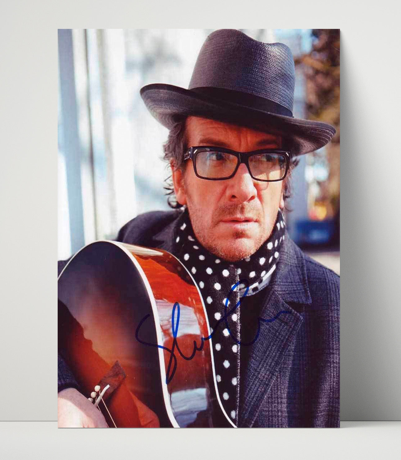 Elvis Costello - Glasses And Hat With Guitar Portrait - Vintage Music Wall Art - 16x20 Unframed Print music decor