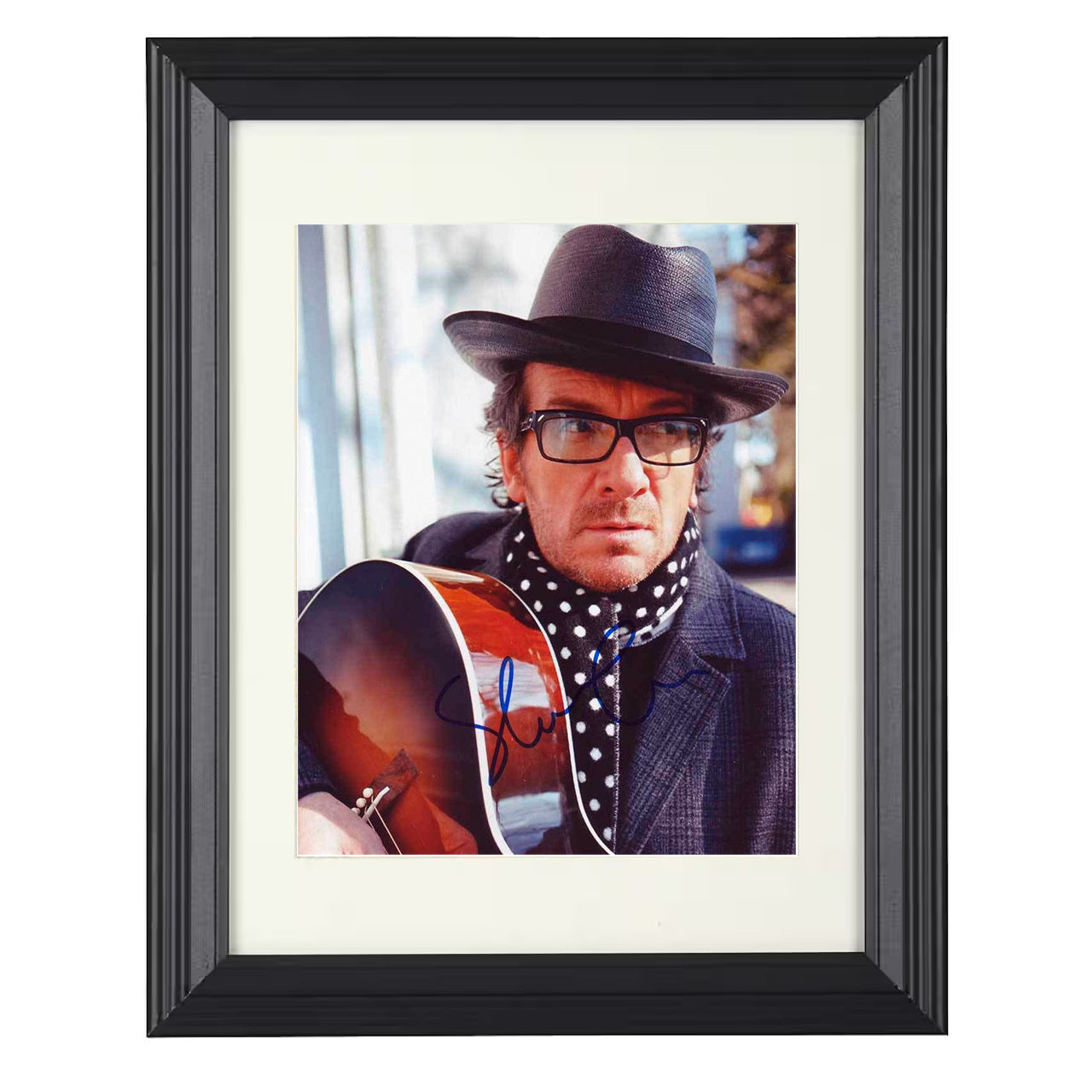 Elvis Costello – Glasses and Hat with Guitar Image – 8x10 black beveled framed music wall art