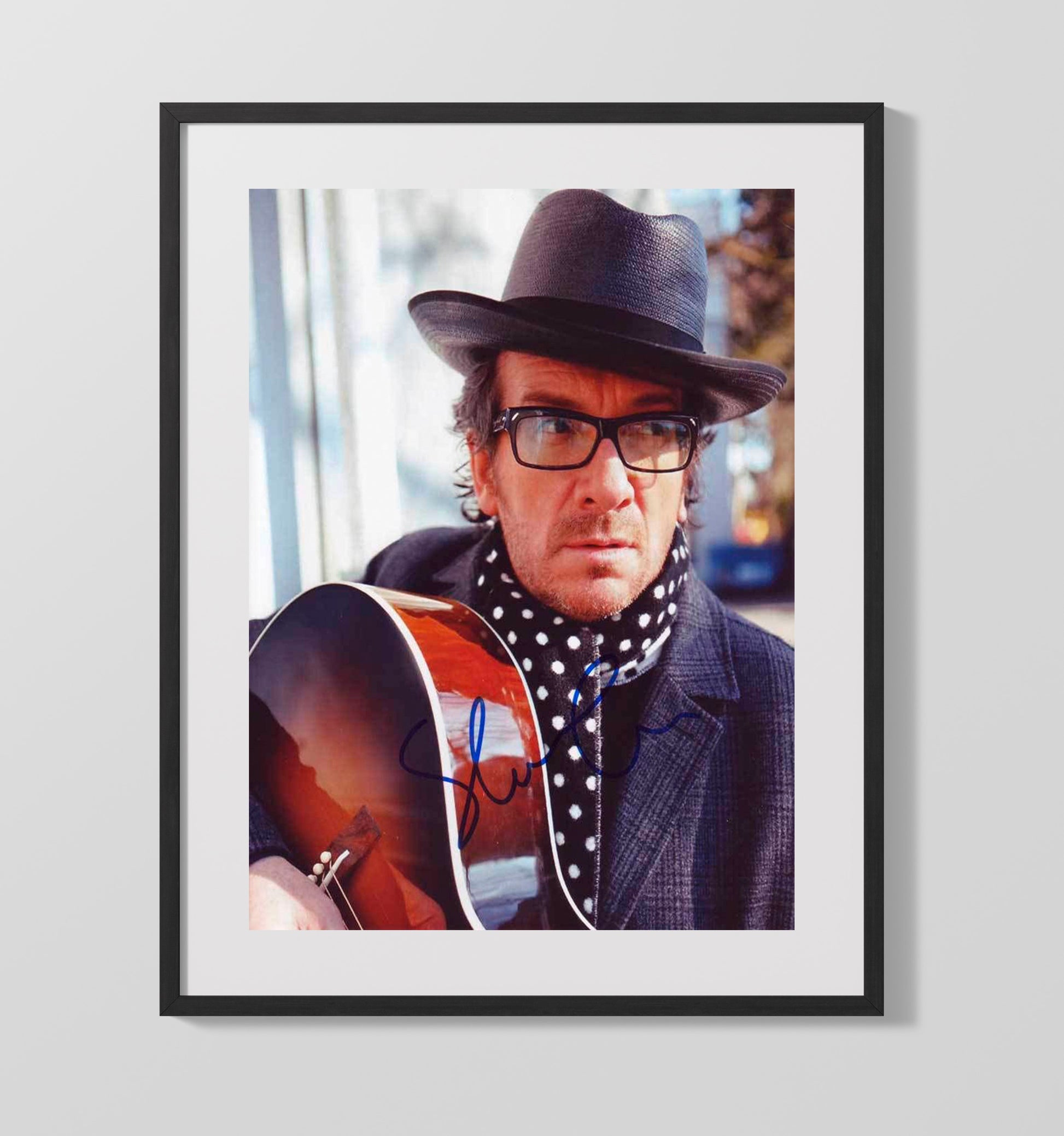 Elvis Costello - Glasses And Hat With Guitar Portrait - Vintage Music Wall Art - 16x20 Gallery Frame music decor