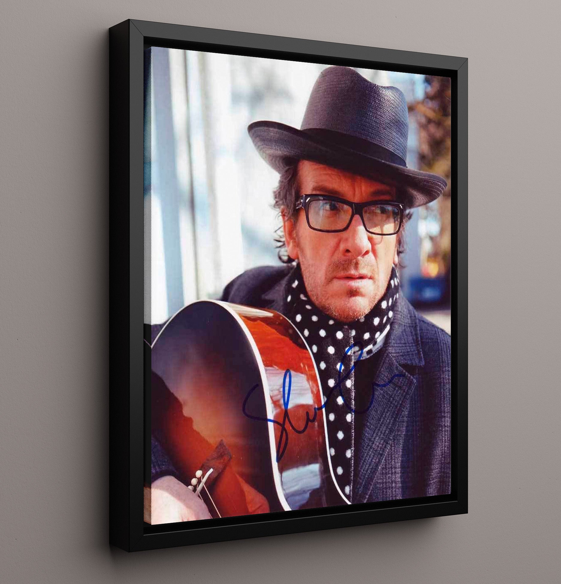 Elvis Costello - Glasses And Hat With Guitar Portrait - Vintage Music Wall Art - 16x20 Framed Canvas music decor