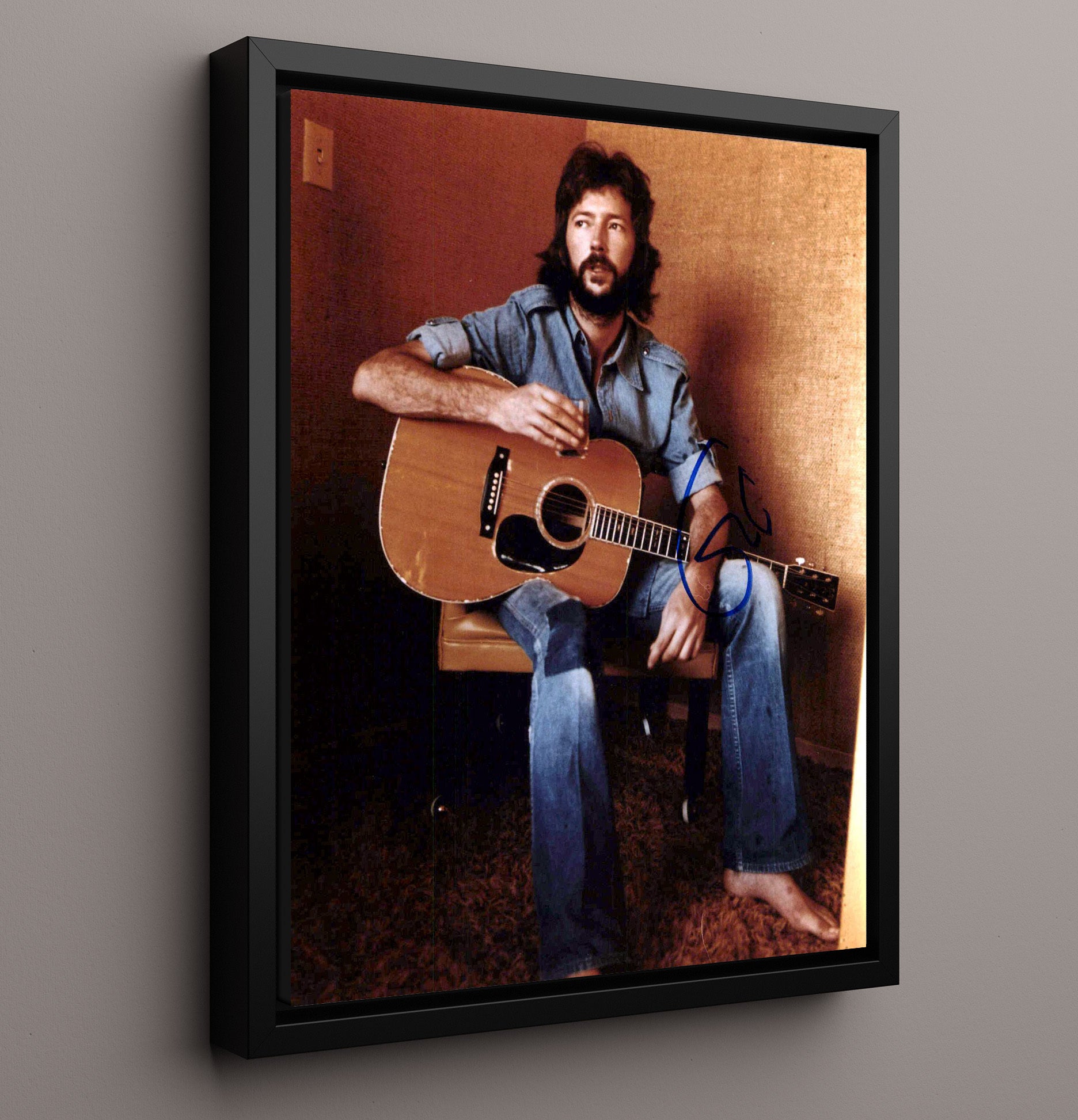 Eric Clapton - Seated With Acoustic Guitar And Drink Portrait - Vintage Music Wall Art - 16x20 Framed Canvas music decor