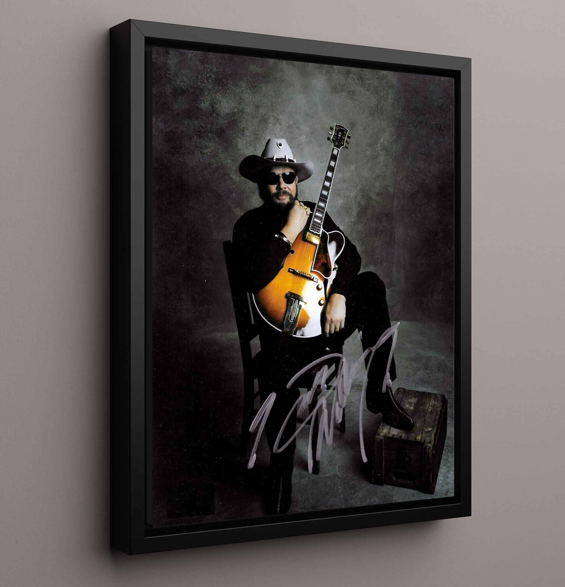 Hank Williams Jr. - Cowboy Hat With Guitar Studio Portrait - Vintage Music Wall Art - 16x20 Framed Canvas music decor