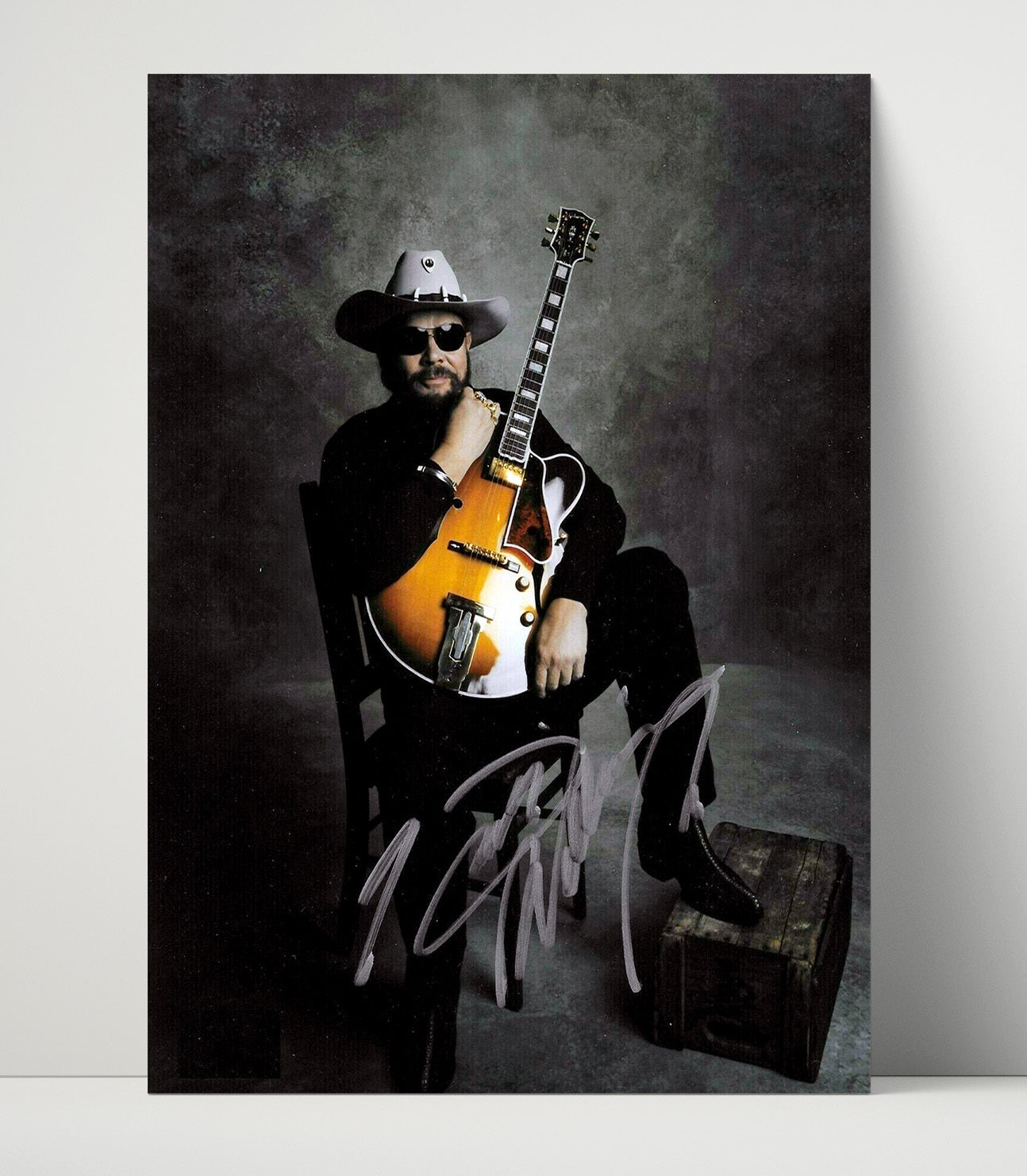 Hank Williams Jr. - Cowboy Hat With Guitar Studio Portrait - Vintage Music Wall Art - 16x20 Unframed Print music decor