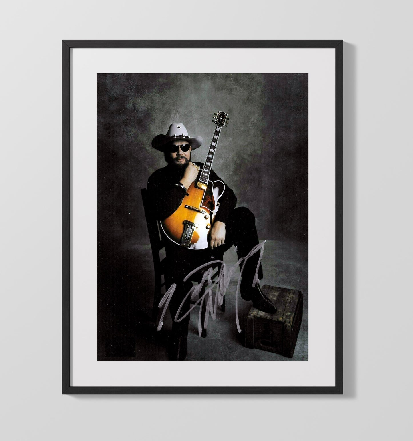 Hank Williams Jr. - Cowboy Hat With Guitar Studio Portrait - Vintage Music Wall Art - 16x20 Gallery Frame music decor