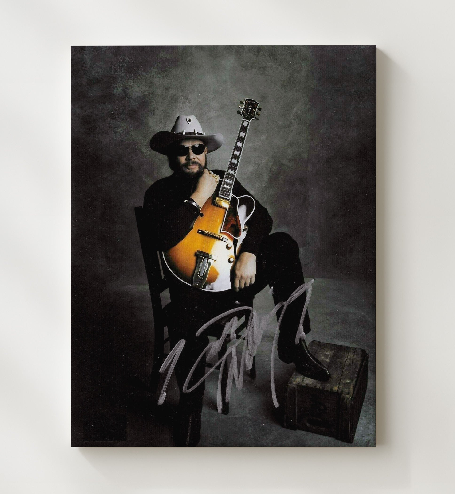 Hank Williams Jr. - Cowboy Hat With Guitar Studio Portrait - Vintage Music Wall Art - 20x24 Canvas music decor