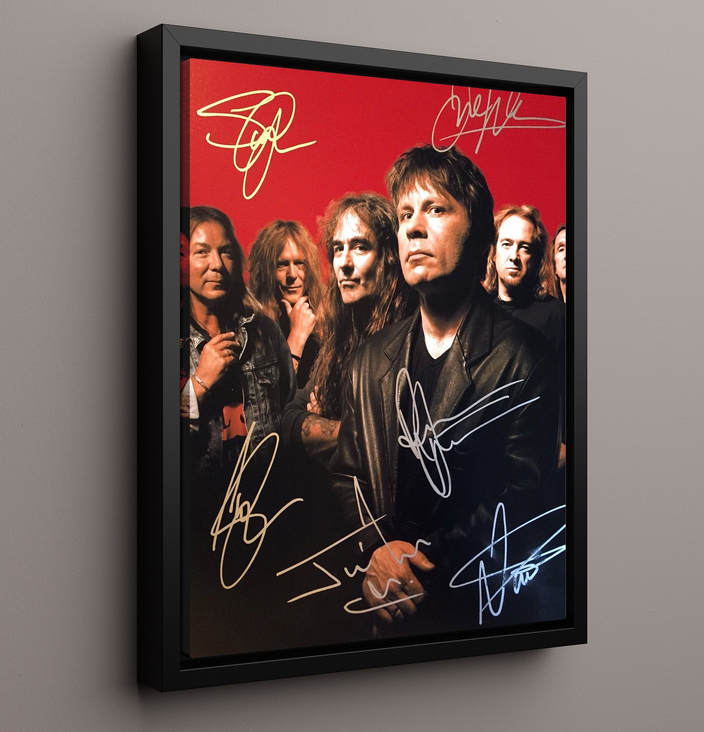 Iron Maiden - Full Band Studio Portrait Red Background - Vintage Music Wall Art - 16x20 Framed Canvas music decor