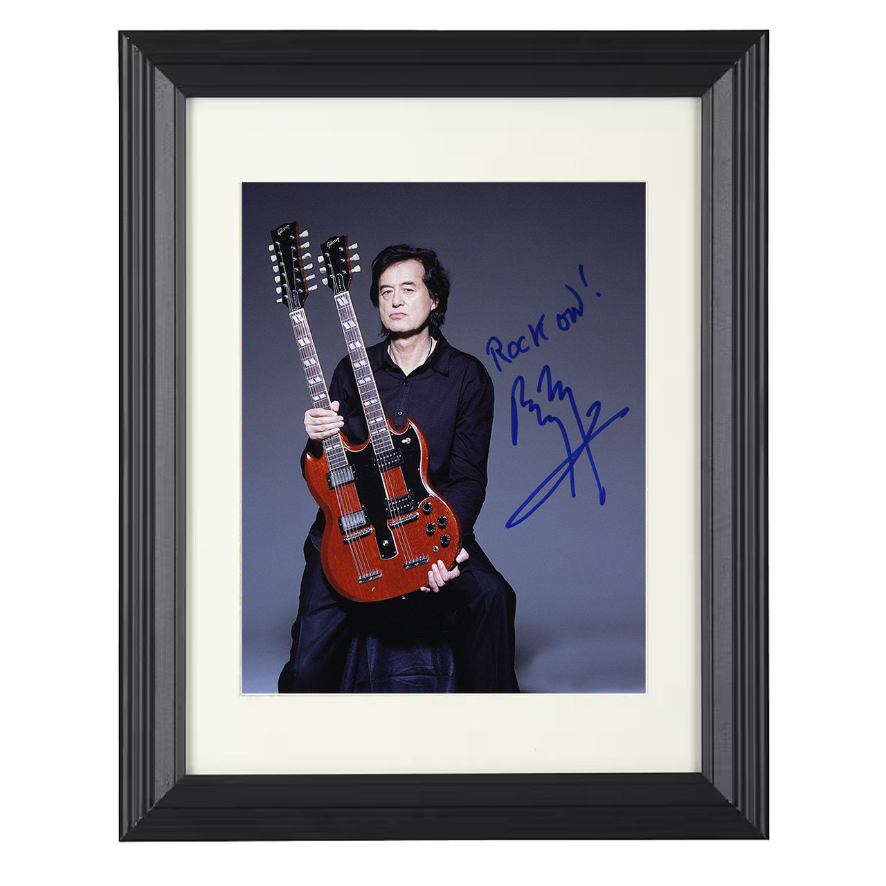 Jimmy Page – Double Neck Gibson Guitar Promo Image – 8x10 black beveled framed music wall art