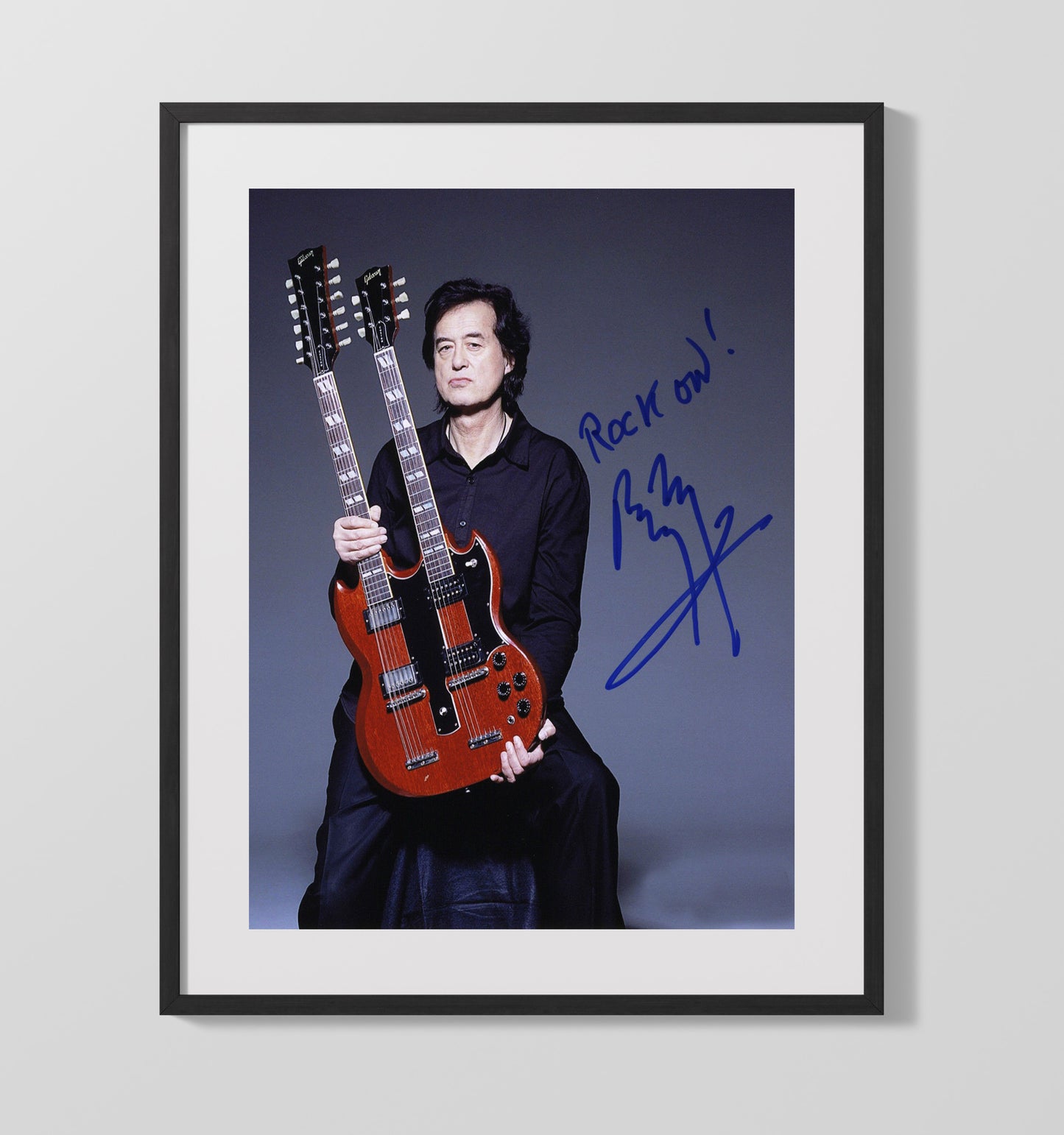 Jimmy Page - Double Neck Gibson Guitar Studio Portrait Music Wall Art 16x20 Gallery Frame wall art print – Music decor