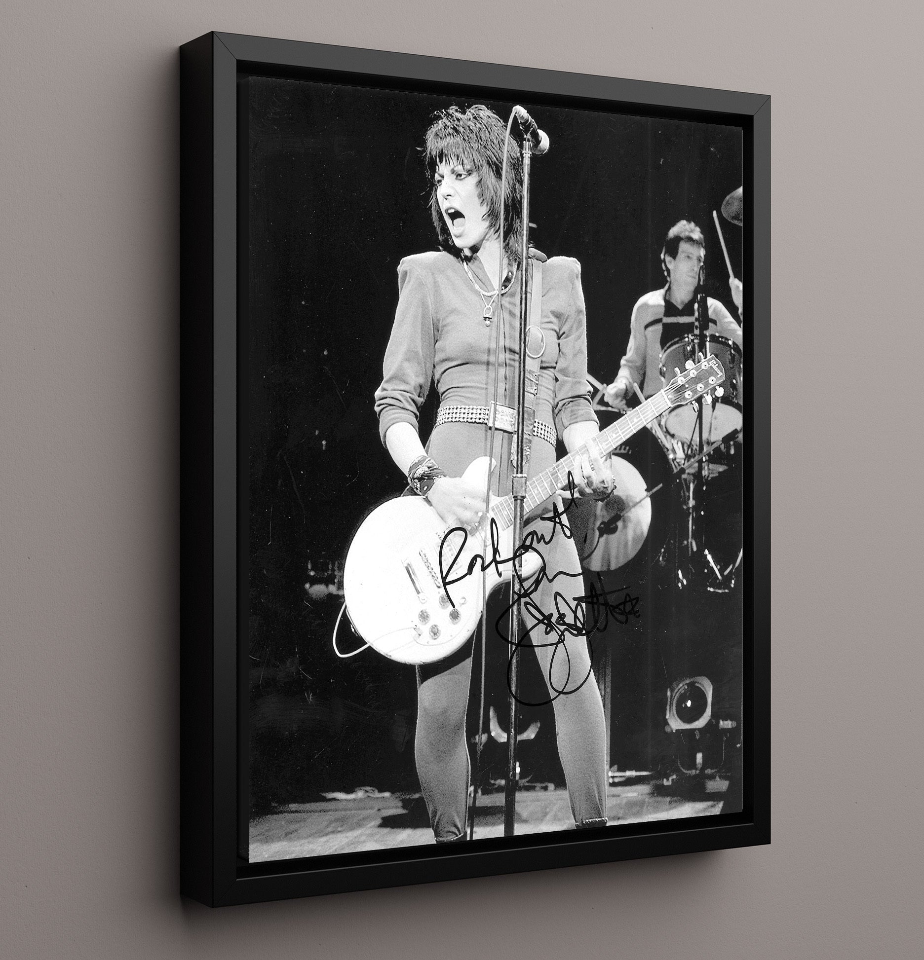 Joan Jett - Live Stage Guitar Performance Black And White - Vintage Music Wall Art - 16x20 Framed Canvas music decor