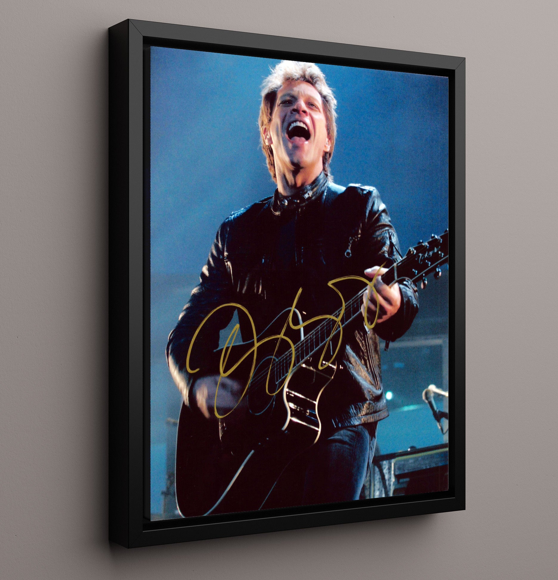 Jon Bon Jovi - Live Black Leather Guitar Performance - Vintage Music Wall Art - 16x20 Framed Canvas music decor
