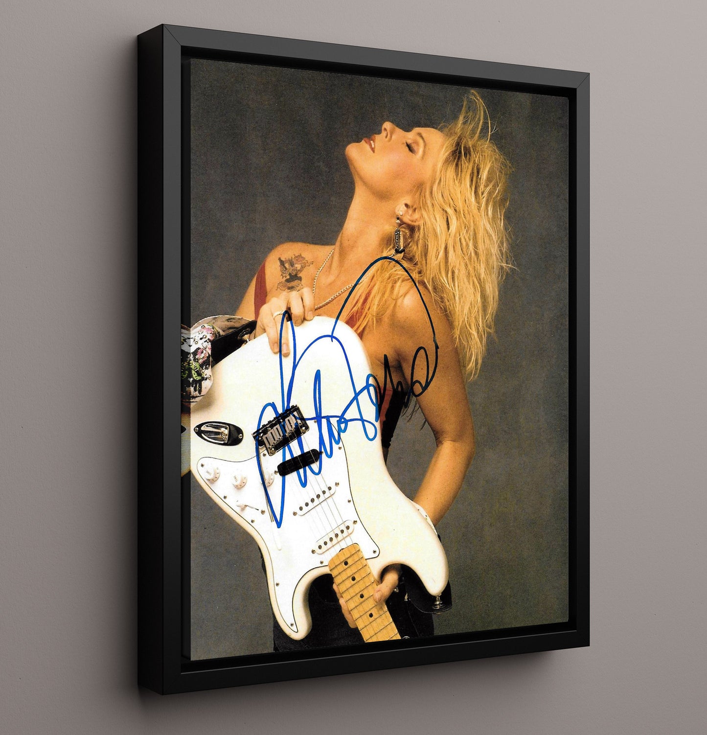 Lita Ford - Holding White Electric Guitar Glam Portrait Music Wall Art 16x20 Framed Canvas wall art print – Music decor