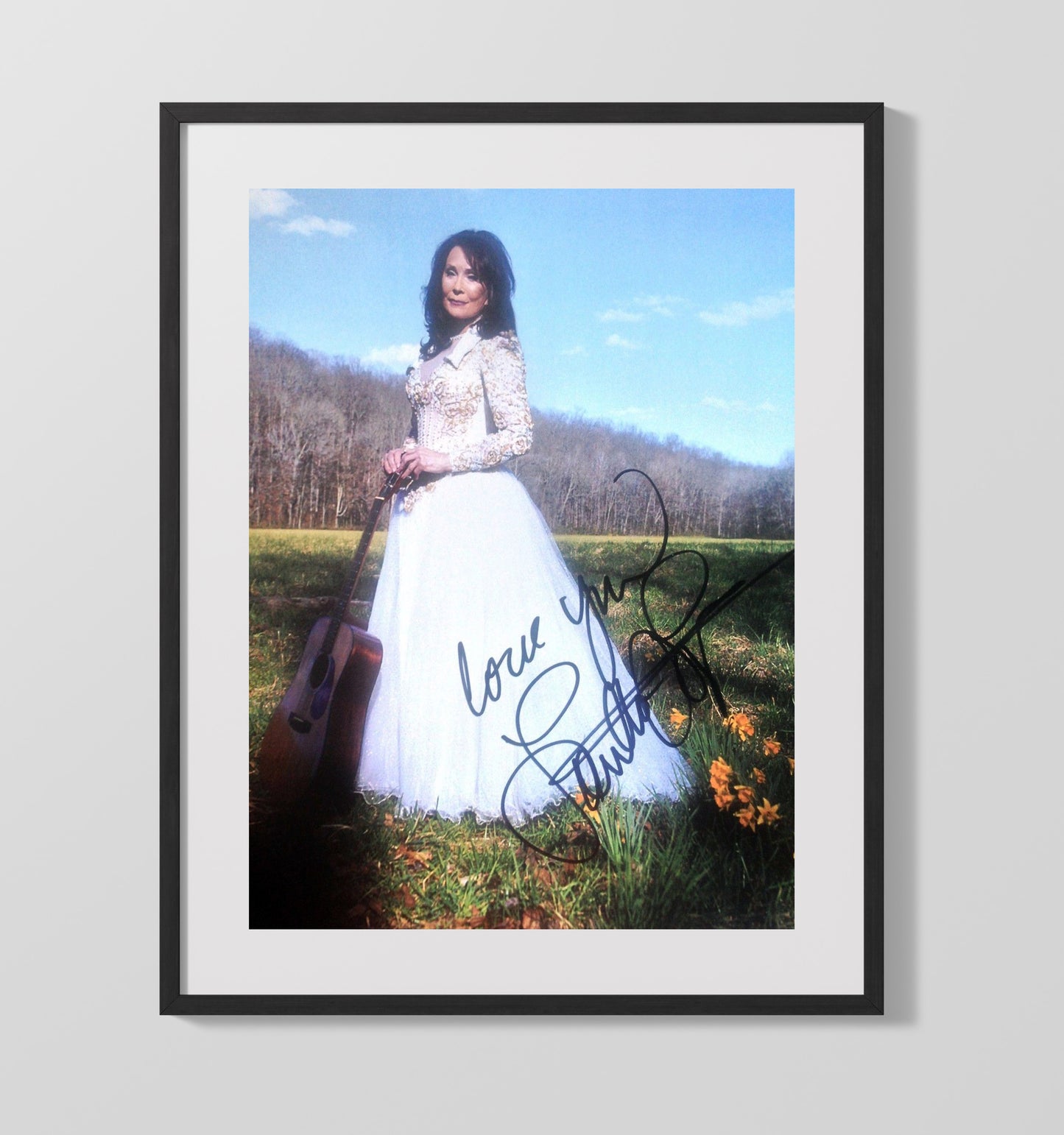 Loretta Lynn - Country Singer In White Dress Field Portrait - Vintage Music Wall Art - 16x20 Gallery Frame music decor